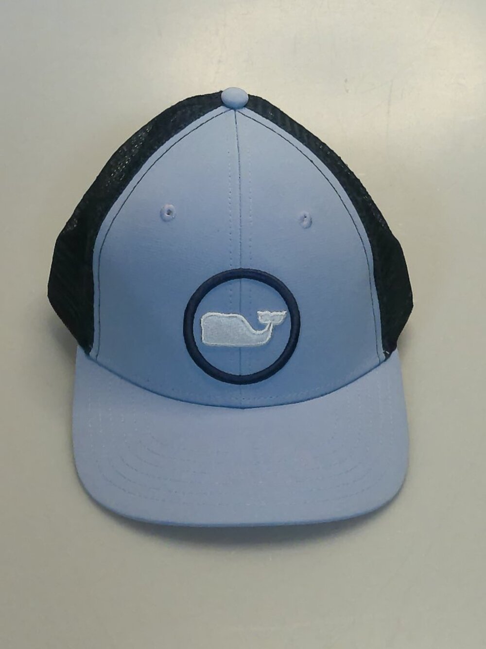 Vineyard Vines Whale Logo Trucker Hat Light Blue Navy Mesh Snapback